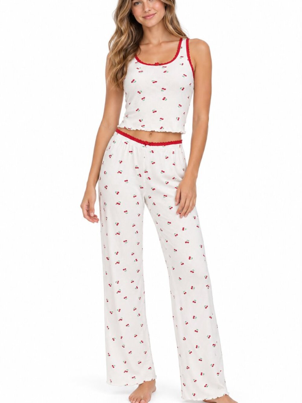 Love Peace & Lazy Days Cherry Print Pajama Set M 100% Cotton Cami Pants